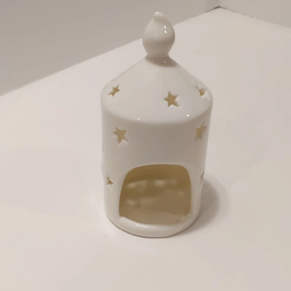 Vintage Candle Tea Lite Holder Santa Head White and Gold with cut out stars